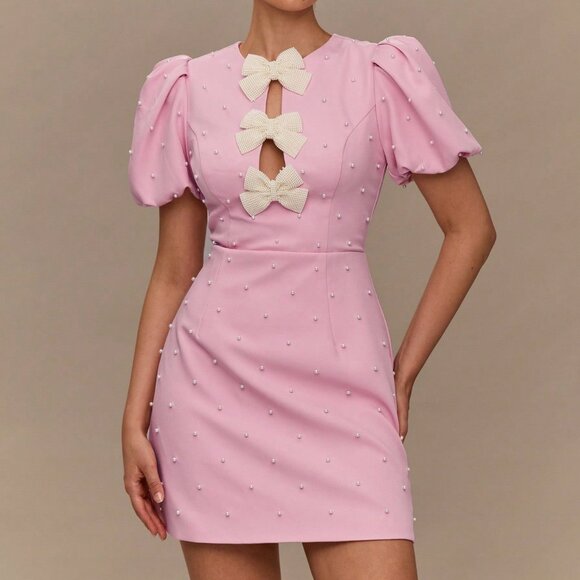Pink Casual Women's Pearl Bow Decor Short Sleeve Dress - Picture 7 of 7